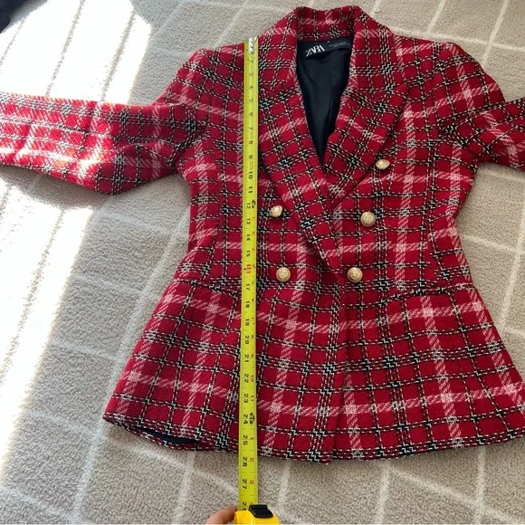 NWOT ZARA Red Plaid Tweed Double Breasted Blazer - Picture 6 of 8